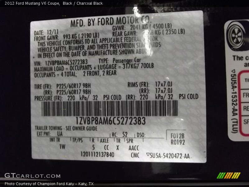 2012 Mustang V6 Coupe Black Color Code UA