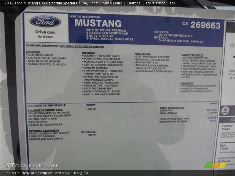  2012 Mustang C/S California Special Coupe Window Sticker
