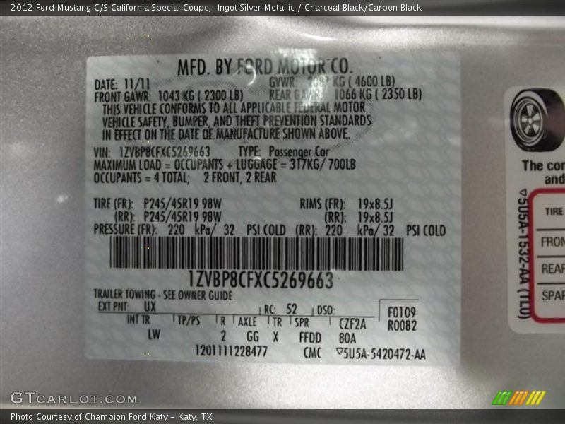 2012 Mustang C/S California Special Coupe Ingot Silver Metallic Color Code UX