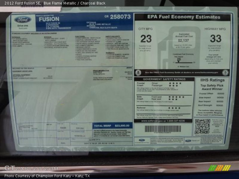 Blue Flame Metallic / Charcoal Black 2012 Ford Fusion SE