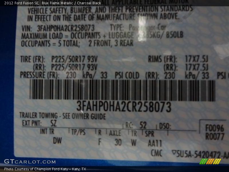 Blue Flame Metallic / Charcoal Black 2012 Ford Fusion SE