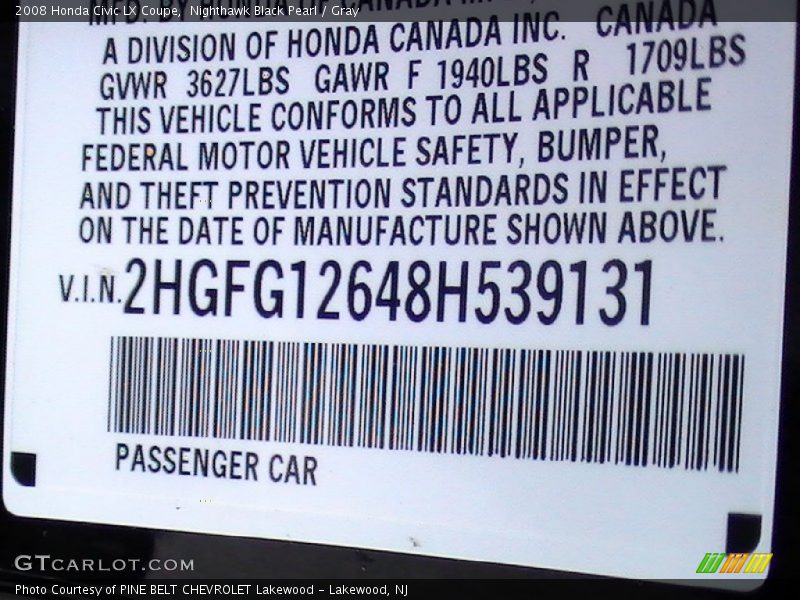 Nighthawk Black Pearl / Gray 2008 Honda Civic LX Coupe