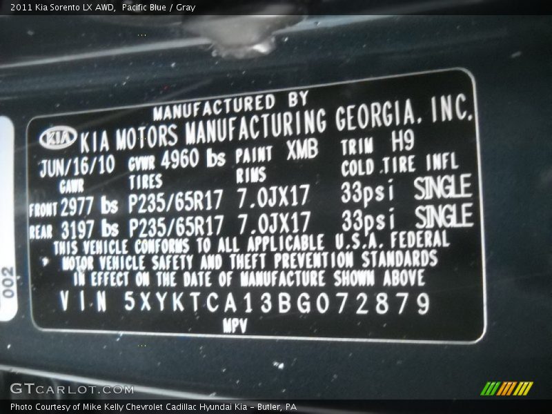 Pacific Blue / Gray 2011 Kia Sorento LX AWD