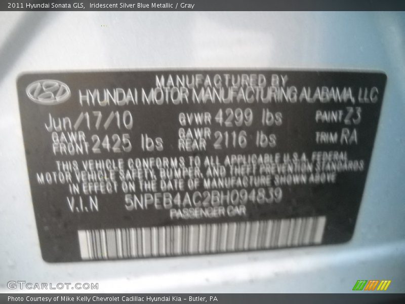 Iridescent Silver Blue Metallic / Gray 2011 Hyundai Sonata GLS