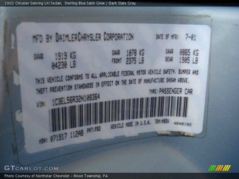 2002 Sebring LXi Sedan Sterling Blue Satin Glow Color Code PB2