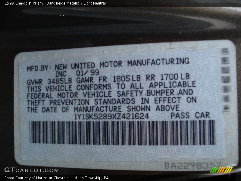 Dark Beige Metallic / Light Neutral 1999 Chevrolet Prizm