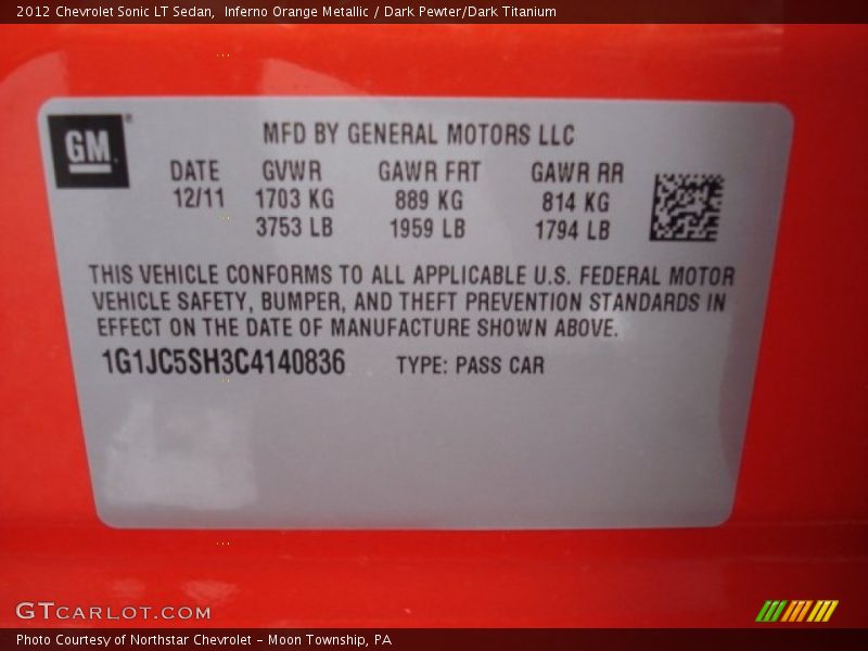 Inferno Orange Metallic / Dark Pewter/Dark Titanium 2012 Chevrolet Sonic LT Sedan