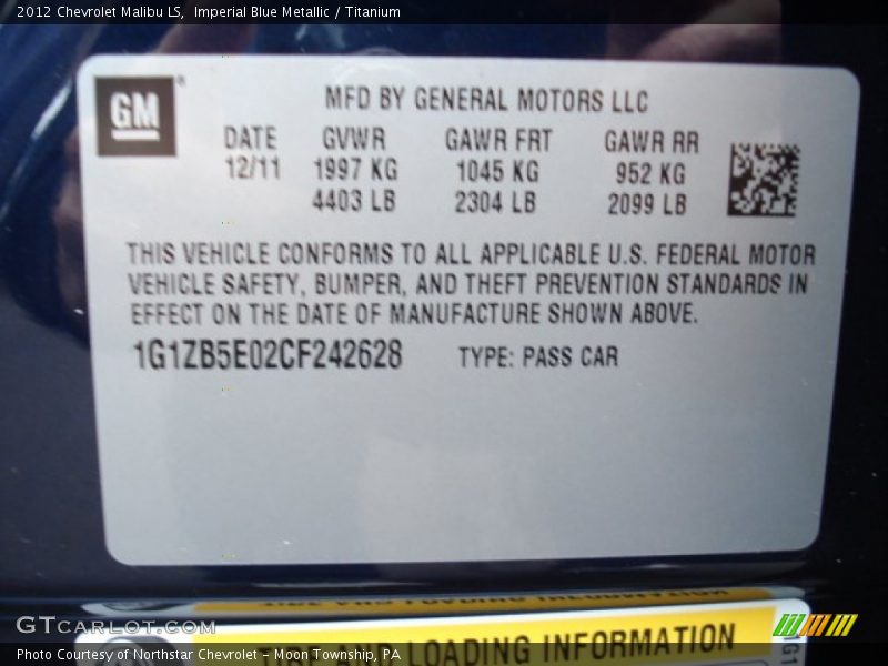 Imperial Blue Metallic / Titanium 2012 Chevrolet Malibu LS