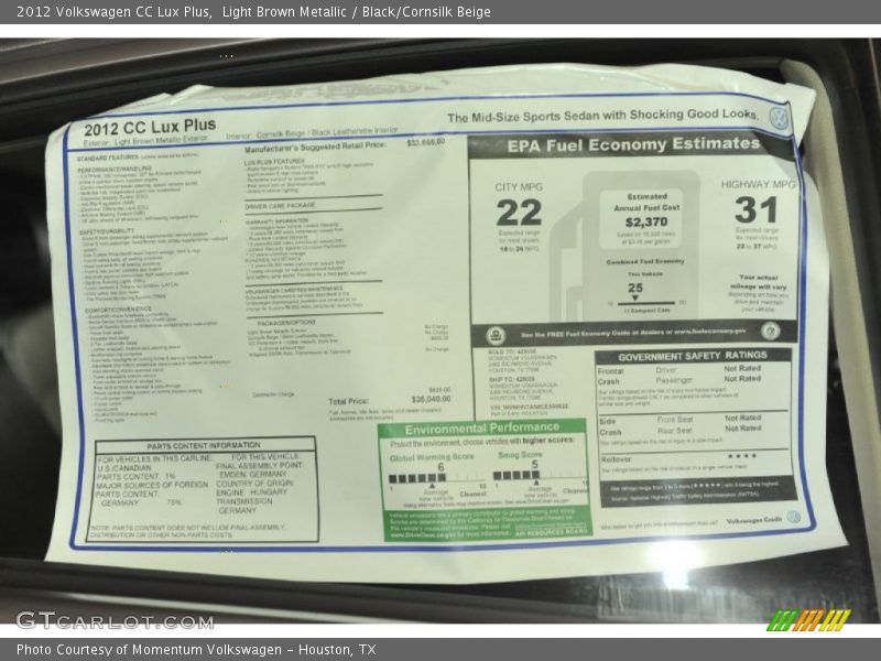 Light Brown Metallic / Black/Cornsilk Beige 2012 Volkswagen CC Lux Plus