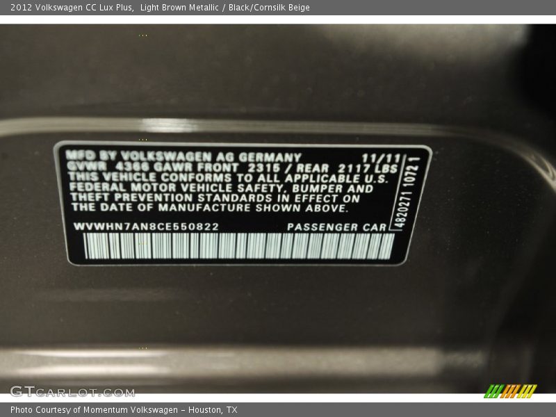 Light Brown Metallic / Black/Cornsilk Beige 2012 Volkswagen CC Lux Plus