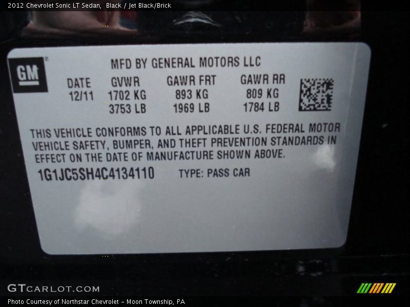 Black / Jet Black/Brick 2012 Chevrolet Sonic LT Sedan