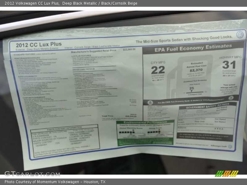 Deep Black Metallic / Black/Cornsilk Beige 2012 Volkswagen CC Lux Plus