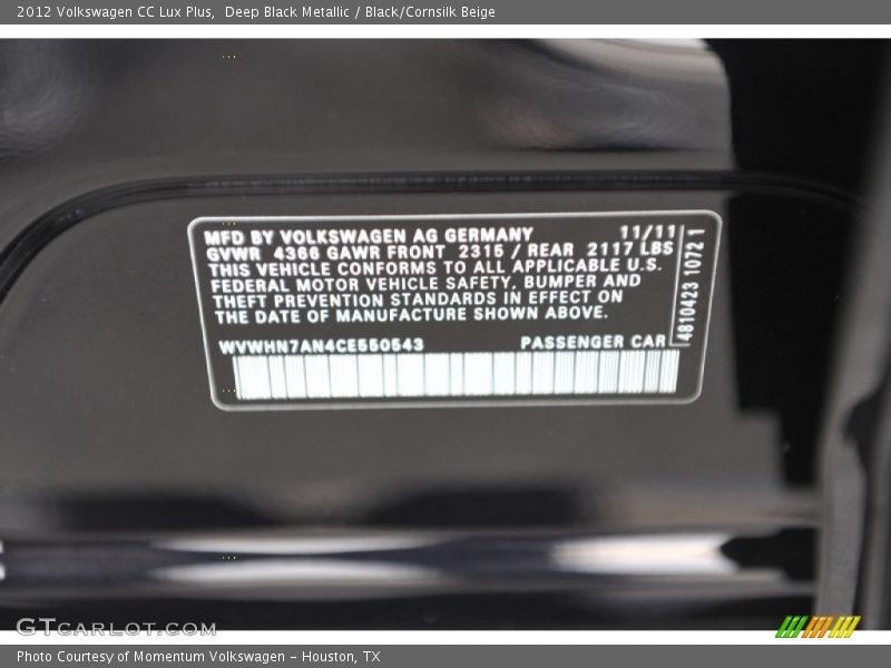 Deep Black Metallic / Black/Cornsilk Beige 2012 Volkswagen CC Lux Plus