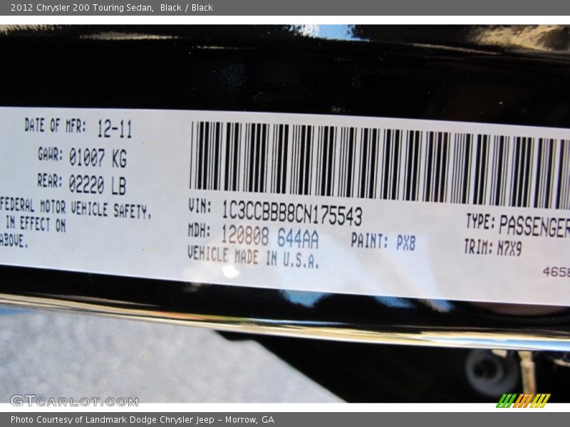 Black / Black 2012 Chrysler 200 Touring Sedan
