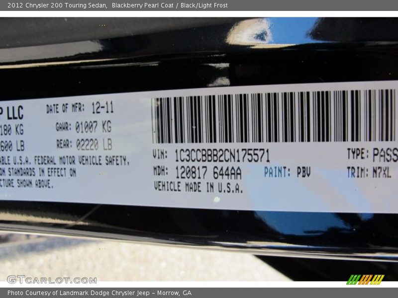 Blackberry Pearl Coat / Black/Light Frost 2012 Chrysler 200 Touring Sedan