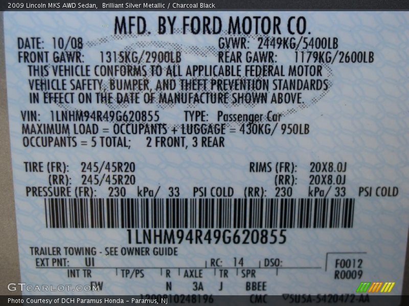 Brilliant Silver Metallic / Charcoal Black 2009 Lincoln MKS AWD Sedan