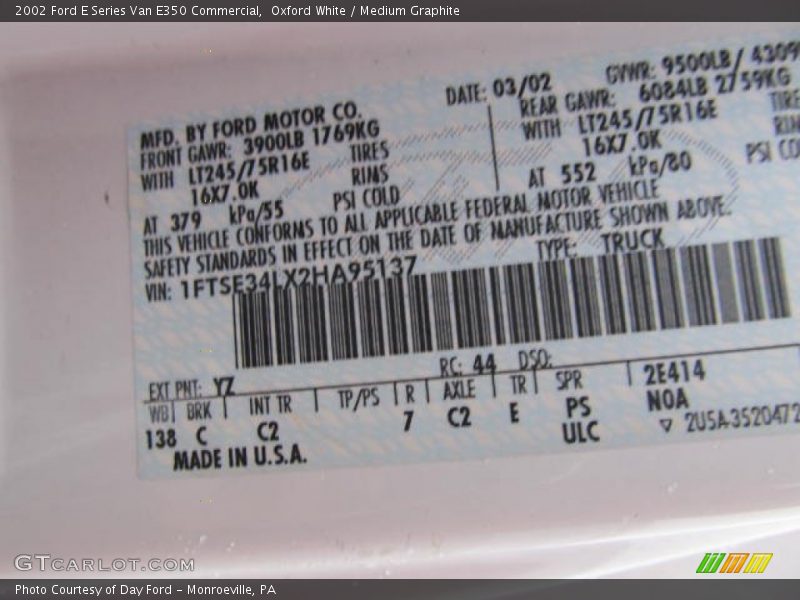 2002 E Series Van E350 Commercial Oxford White Color Code YZ