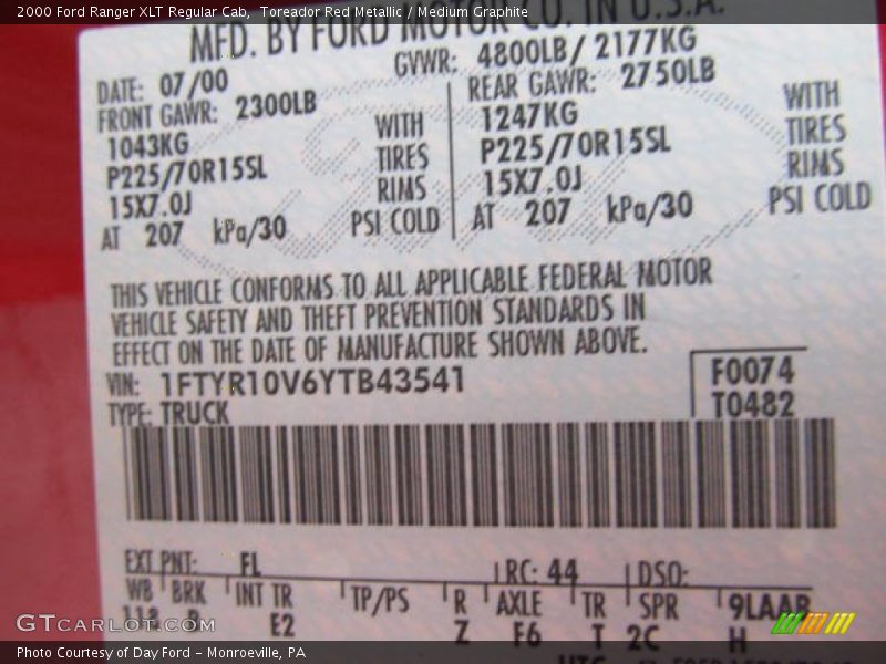 2000 Ranger XLT Regular Cab Toreador Red Metallic Color Code FL