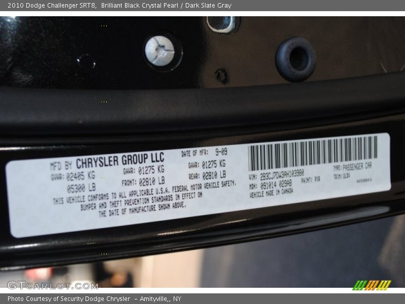 2010 Challenger SRT8 Brilliant Black Crystal Pearl Color Code PXR