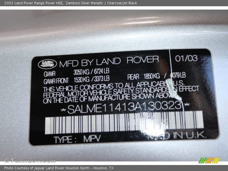 Zambezi Silver Metallic / Charcoal/Jet Black 2003 Land Rover Range Rover HSE