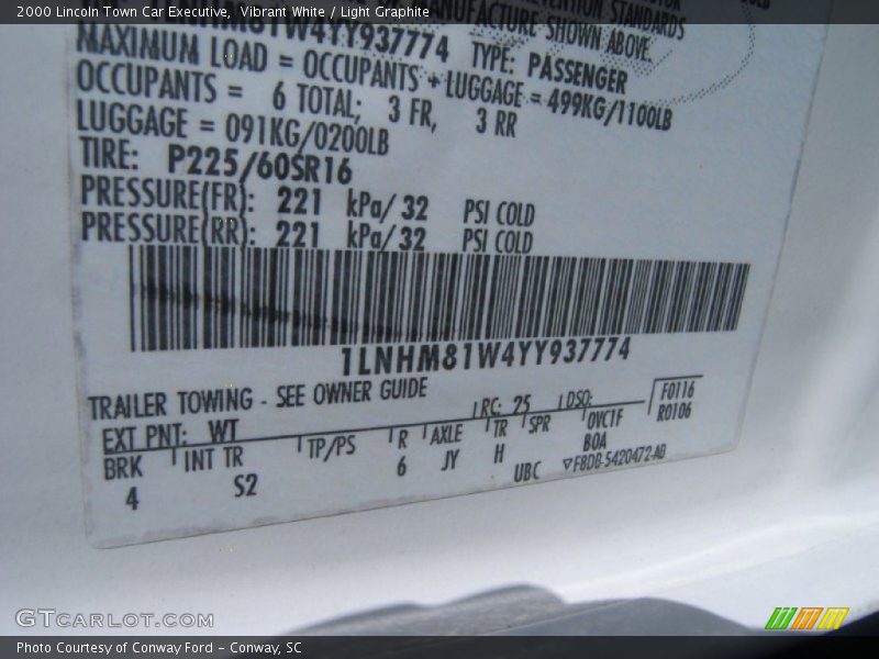 2000 Town Car Executive Vibrant White Color Code WT