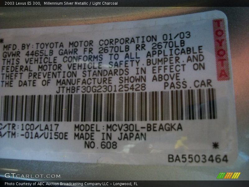 Millennium Silver Metallic / Light Charcoal 2003 Lexus ES 300