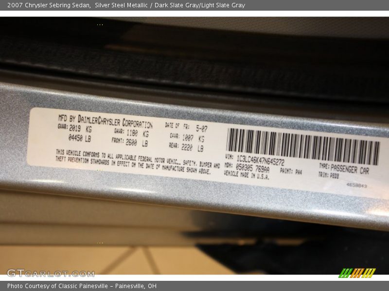 Silver Steel Metallic / Dark Slate Gray/Light Slate Gray 2007 Chrysler Sebring Sedan