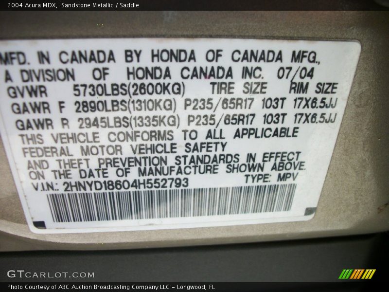 Sandstone Metallic / Saddle 2004 Acura MDX