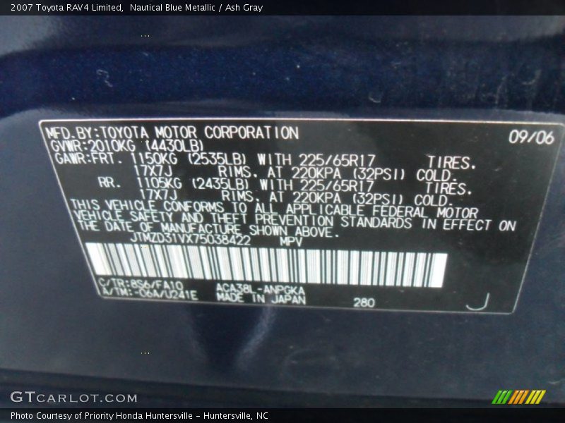 Nautical Blue Metallic / Ash Gray 2007 Toyota RAV4 Limited