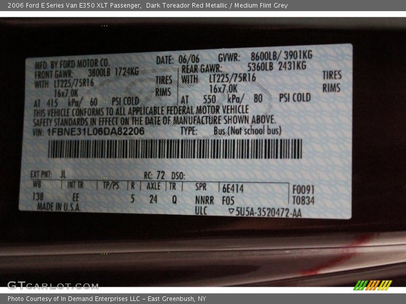 2006 E Series Van E350 XLT Passenger Dark Toreador Red Metallic Color Code JL