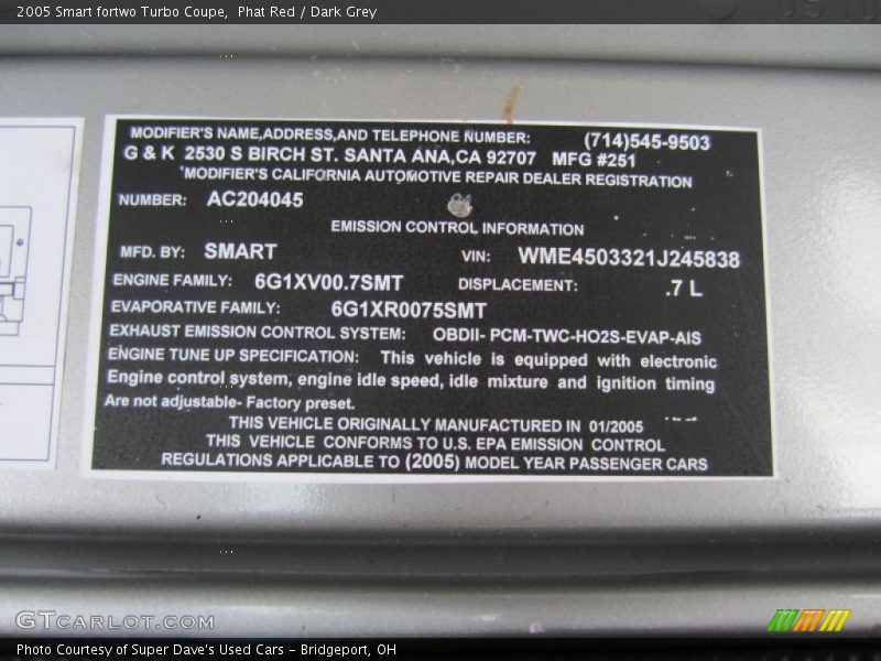 Info Tag of 2005 fortwo Turbo Coupe
