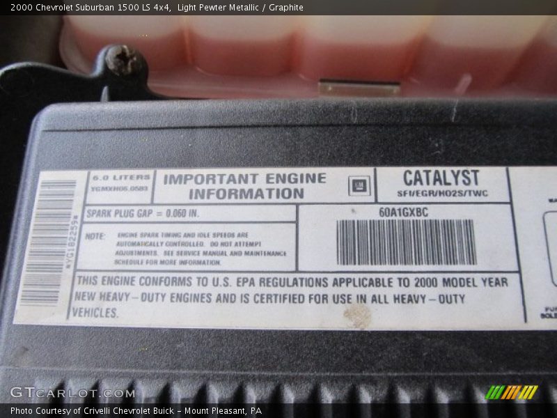 Info Tag of 2000 Suburban 1500 LS 4x4
