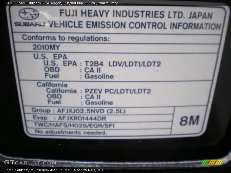 Crystal Black Silica / Warm Ivory 2010 Subaru Outback 2.5i Wagon