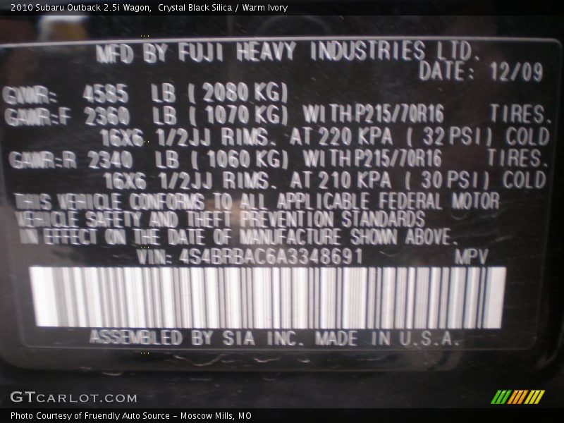 Crystal Black Silica / Warm Ivory 2010 Subaru Outback 2.5i Wagon