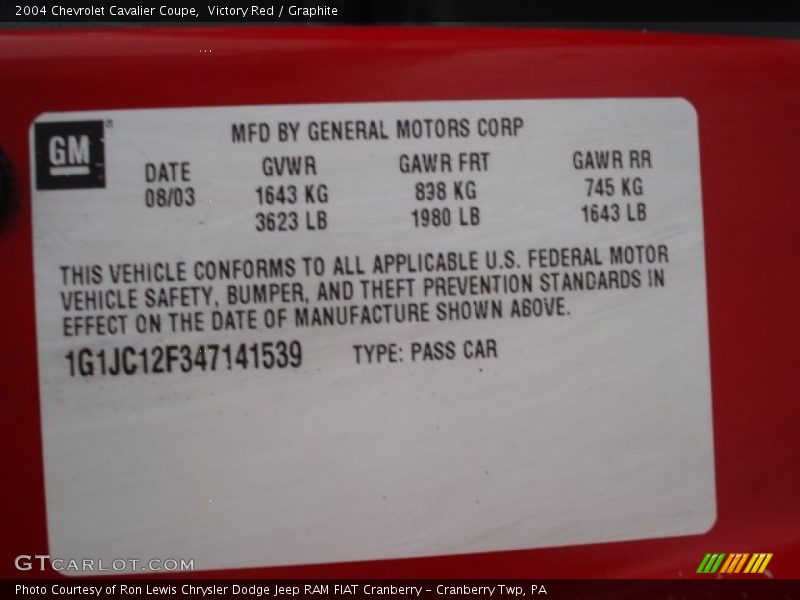 Victory Red / Graphite 2004 Chevrolet Cavalier Coupe