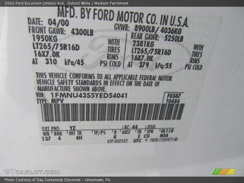 2000 Excursion Limited 4x4 Oxford White Color Code YZ