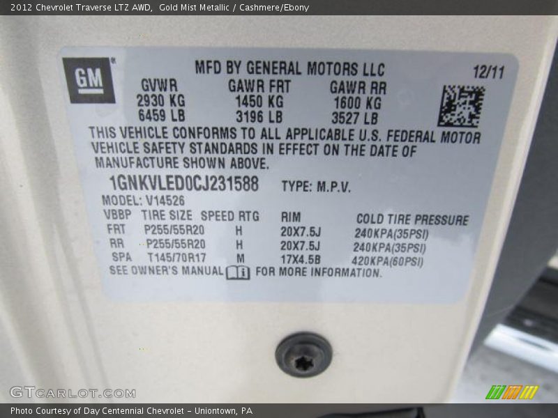 Gold Mist Metallic / Cashmere/Ebony 2012 Chevrolet Traverse LTZ AWD