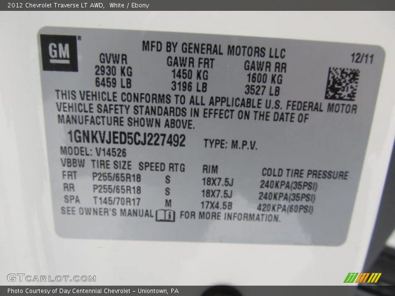 White / Ebony 2012 Chevrolet Traverse LT AWD