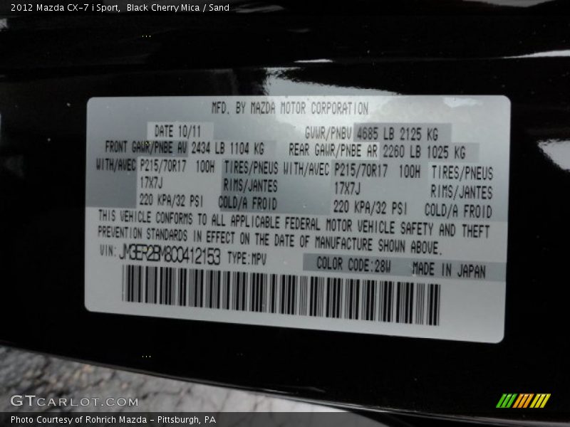2012 CX-7 i Sport Black Cherry Mica Color Code 28W