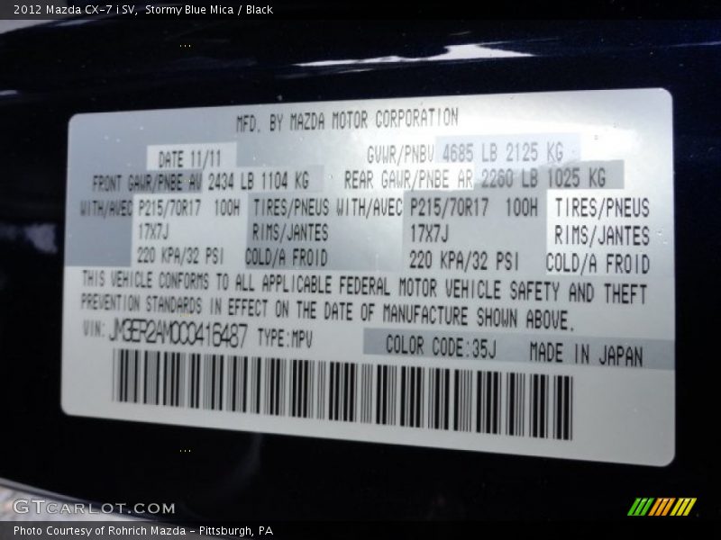 2012 CX-7 i SV Stormy Blue Mica Color Code 35J