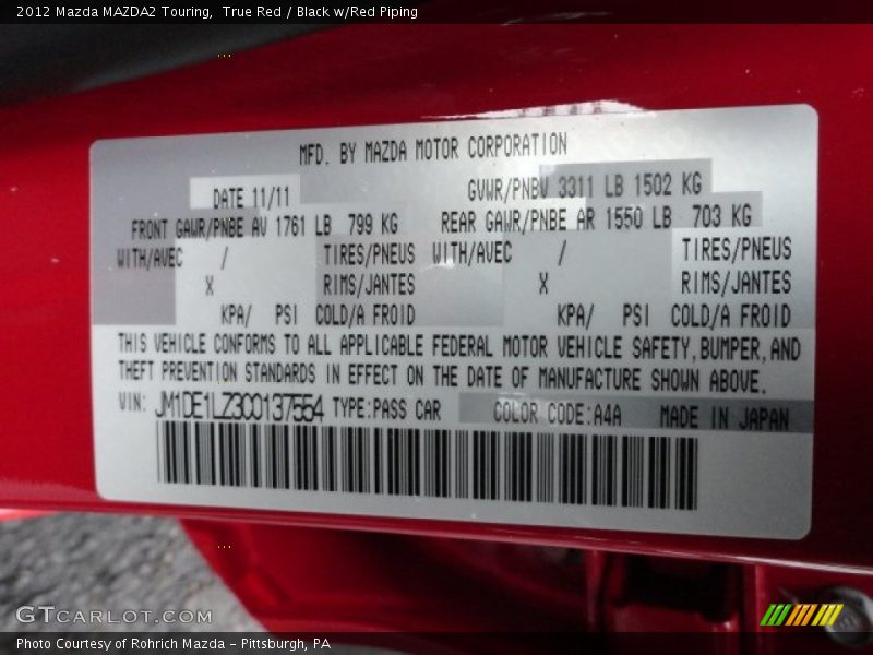 2012 MAZDA2 Touring True Red Color Code A4A