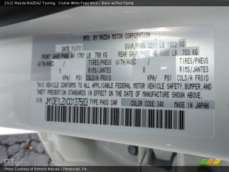 Crystal White Pearl Mica / Black w/Red Piping 2012 Mazda MAZDA2 Touring