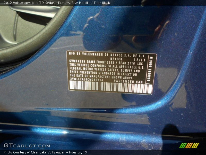 Tempest Blue Metallic / Titan Black 2012 Volkswagen Jetta TDI Sedan