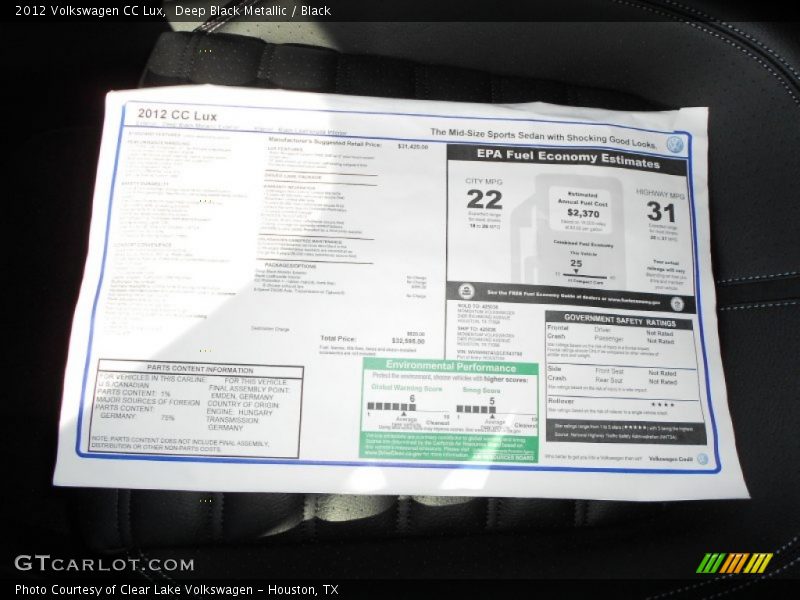 Deep Black Metallic / Black 2012 Volkswagen CC Lux