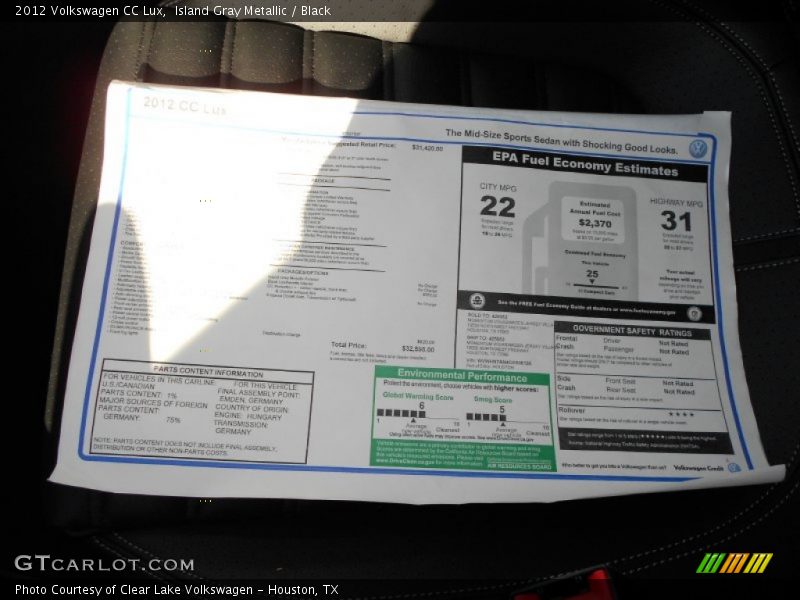 Island Gray Metallic / Black 2012 Volkswagen CC Lux