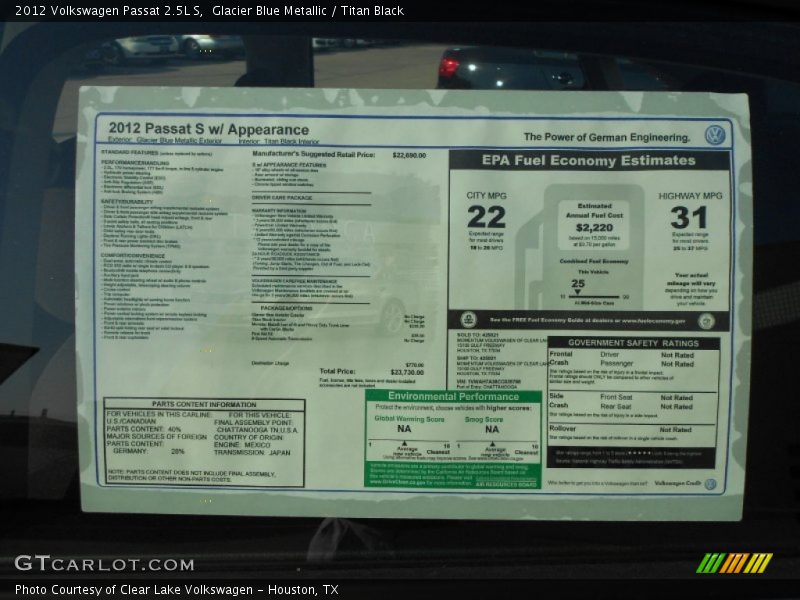  2012 Passat 2.5L S Window Sticker