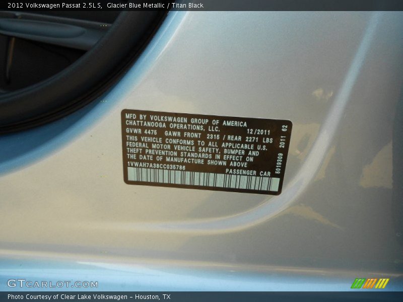 Glacier Blue Metallic / Titan Black 2012 Volkswagen Passat 2.5L S
