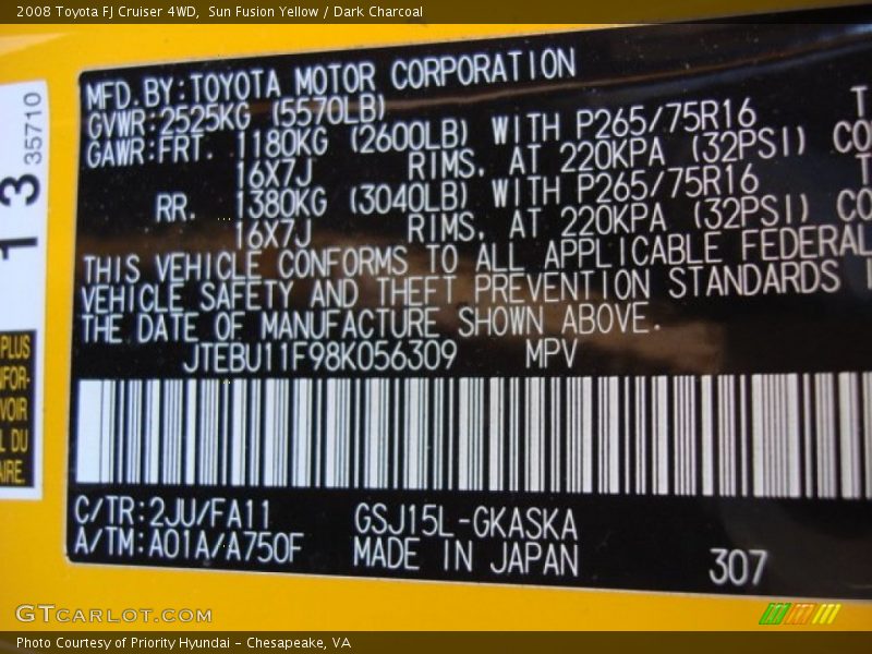 2008 FJ Cruiser 4WD Sun Fusion Yellow Color Code 2JU