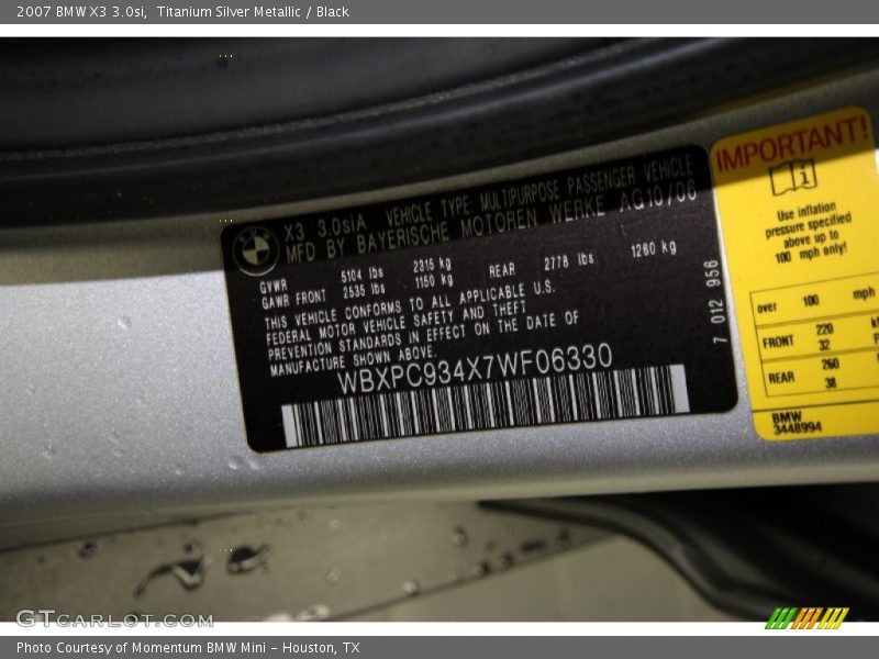 Titanium Silver Metallic / Black 2007 BMW X3 3.0si