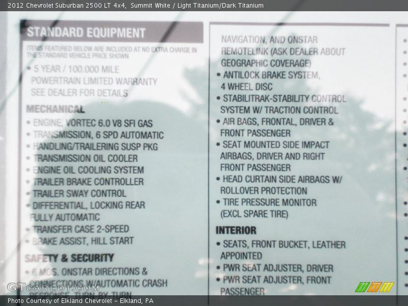  2012 Suburban 2500 LT 4x4 Window Sticker